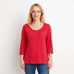 2/$30 Chico's Slub Henley Three Quarter Sleeve Tee w/ Chest Pocket Red 12 #BAG3
